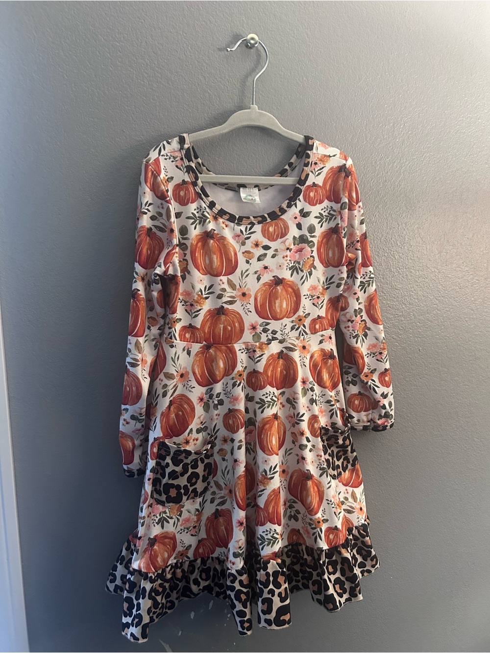 Girls Orange Pumpkin Print Long Sleeve Dress with Leopard Accent